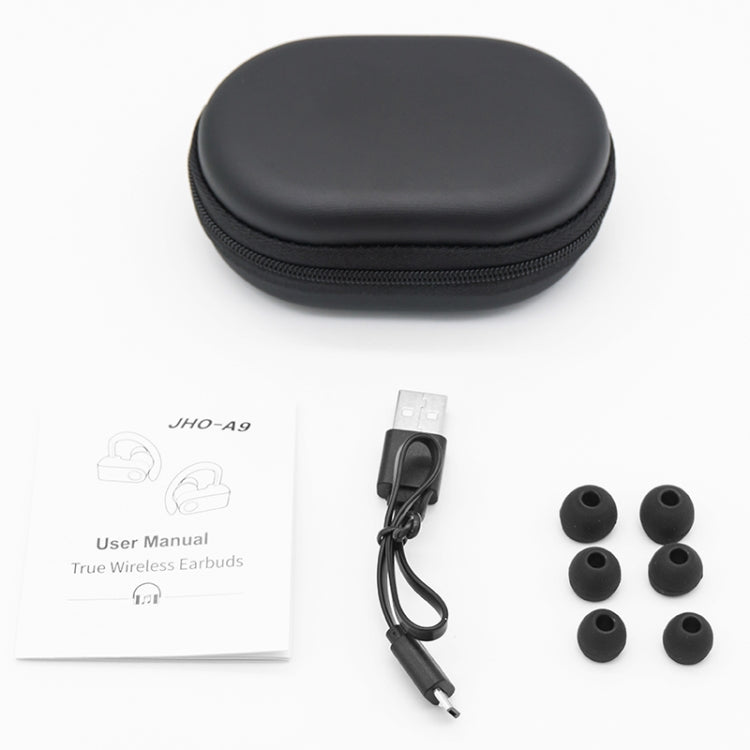 JHO-A9 TWS  Wireless Hanging Ear Type Bluetooth Earphone with Charging + Storage Integrated Zipper Bag, Support Voice Control(Black) - TWS Earphone by PMC TechLife | Online Shopping South Africa | PMC TechLife