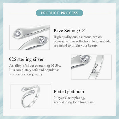 SCR946-E Sterling Silver S925 White Gold Plated Zircon Double Heart Opening Adjustable Ring - Rings by PMC Jewellery | Online Shopping South Africa | PMC Jewellery