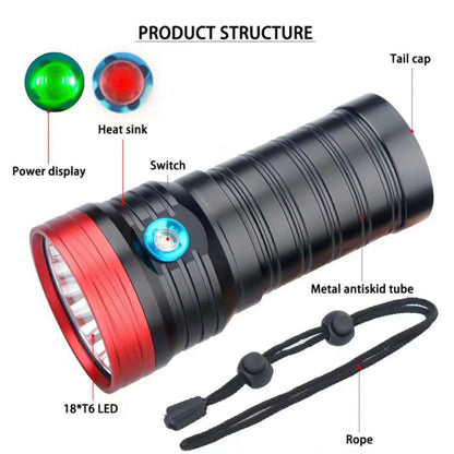 3 Gears, DB18 18xT6, Luminous Flux: 5400lm LED Flashlight, with 4 18650 Batteries (Red Black) - LED Flashlight by PMC Jewellery | Online Shopping South Africa | PMC Jewellery