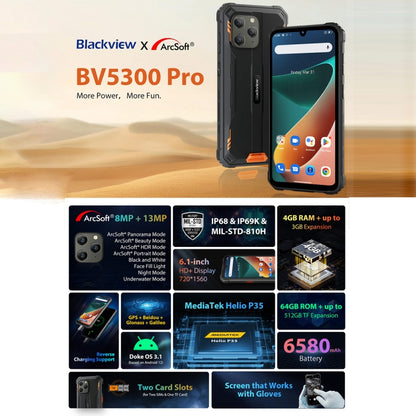 Blackview BV5300 Pro Rugged Phone, 4GB+64GB, IP68/IP69K/MIL-STD-810H, Face Unlock, 6580mAh Battery, 6.1 inch Android 12 MTK6765 Helio G35 Octa Core up to 2.3GHz, Network: 4G, OTG, NFC, Dual SIM(Black) - Blackview by Blackview | Online Shopping South Africa | PMC Jewellery | Buy Now Pay Later Mobicred