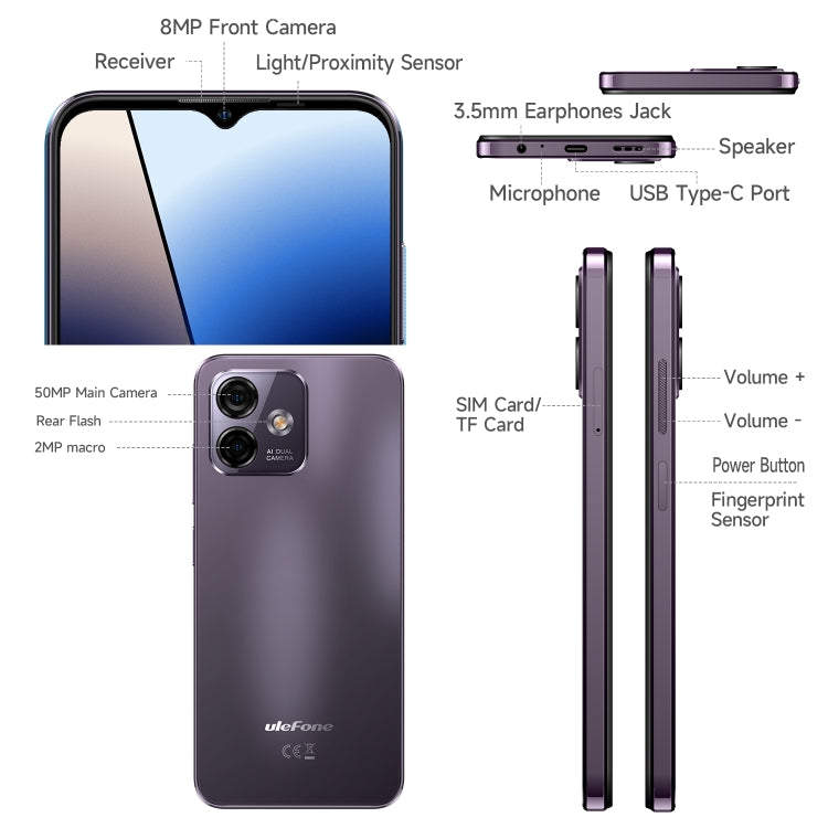 [HK Warehouse] Ulefone Note 16 Pro, 8GB+512GB, Dual Back Cameras, Face ID & Side Fingerprint Identification, 4400mAh Battery, 6.52 inch Android 13 Unisoc T606 Octa Core up to 1.6GHz, Network: 4G, Dual SIM, OTG (Purple) - Ulefone by PMC Jewellery | Online Shopping South Africa | PMC Jewellery