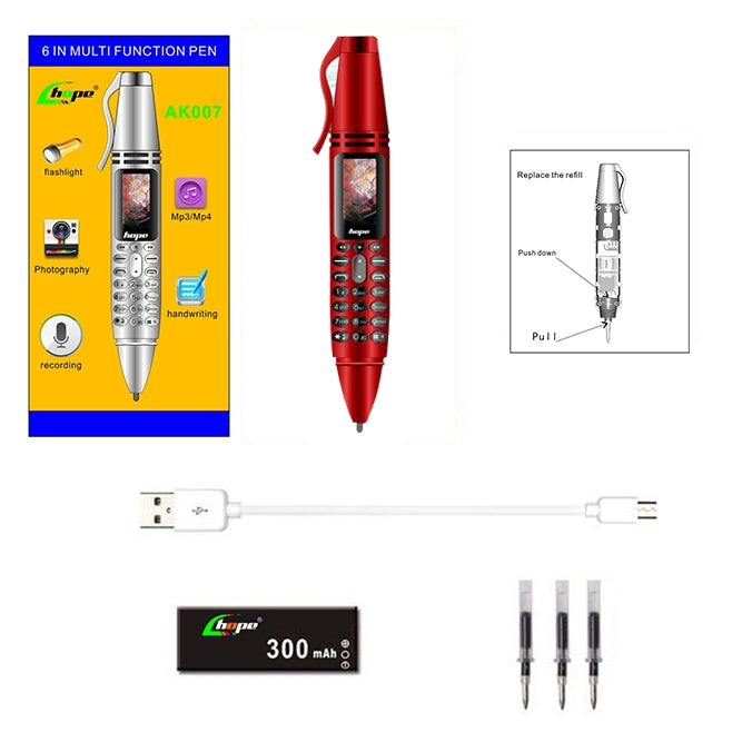 AK007 Mobile Phone, Multifunctional Remote Noise Reduction Back-clip Recording Pen with 0.96 inch Color Screen, Dual SIM Dual Standby, Support Bluetooth, GSM, LED Light, Handwriting (Red) - Others by PMC Jewellery | Online Shopping South Africa | PMC Jewellery