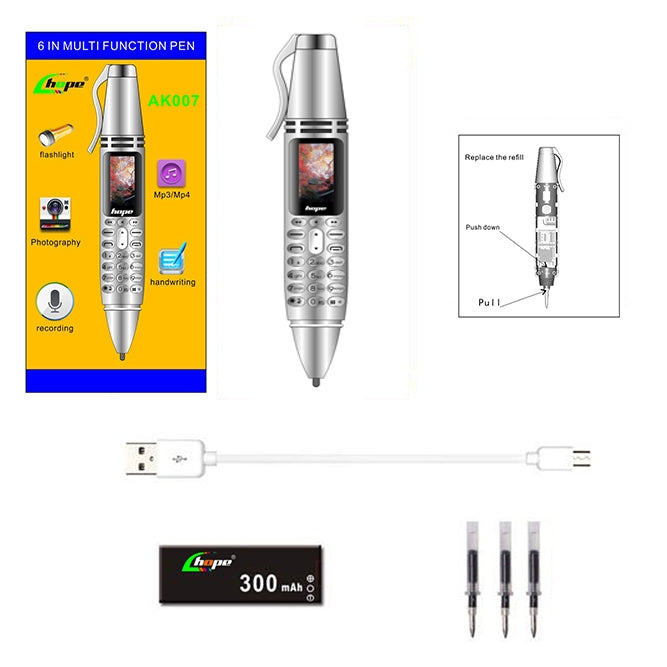 AK007 Mobile Phone, Multifunctional Remote Noise Reduction Back-clip Recording Pen with 0.96 inch Color Screen, Dual SIM Dual Standby, Support Bluetooth, GSM, LED Light, Handwriting (Silver) - Others by PMC Jewellery | Online Shopping South Africa | PMC Jewellery