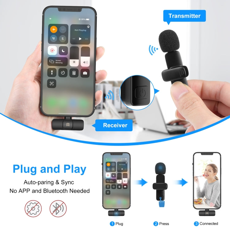 PULUZ Wireless Lavalier Noise Reduction Reverb Microphone for 8-Pin Device, Support Phone Charging(Black) - Microphone by PULUZ | Online Shopping South Africa | PMC TechLife