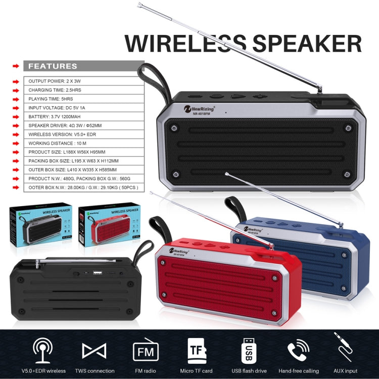 NewRixing NR4018FM TWS Portable Stereo Bluetooth Speaker, Support TF Card / FM / 3.5mm AUX / U Disk / Hands-free Call(Red) - Mini Speaker by New Rixing | Online Shopping South Africa | PMC Jewellery