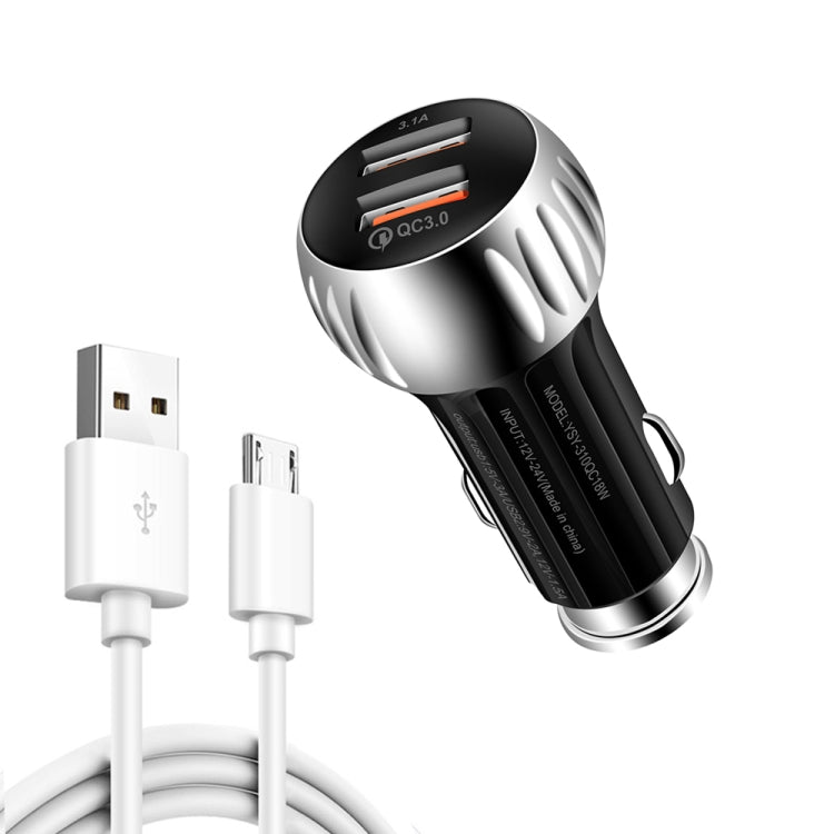 YSY-310QC18W QC3.0 Dual Port USB Car Charger + 3A USB to Micro USB Data Cable, Cable Length: 1m(Black) - Car Charger by PMC Jewellery | Online Shopping South Africa | PMC Jewellery