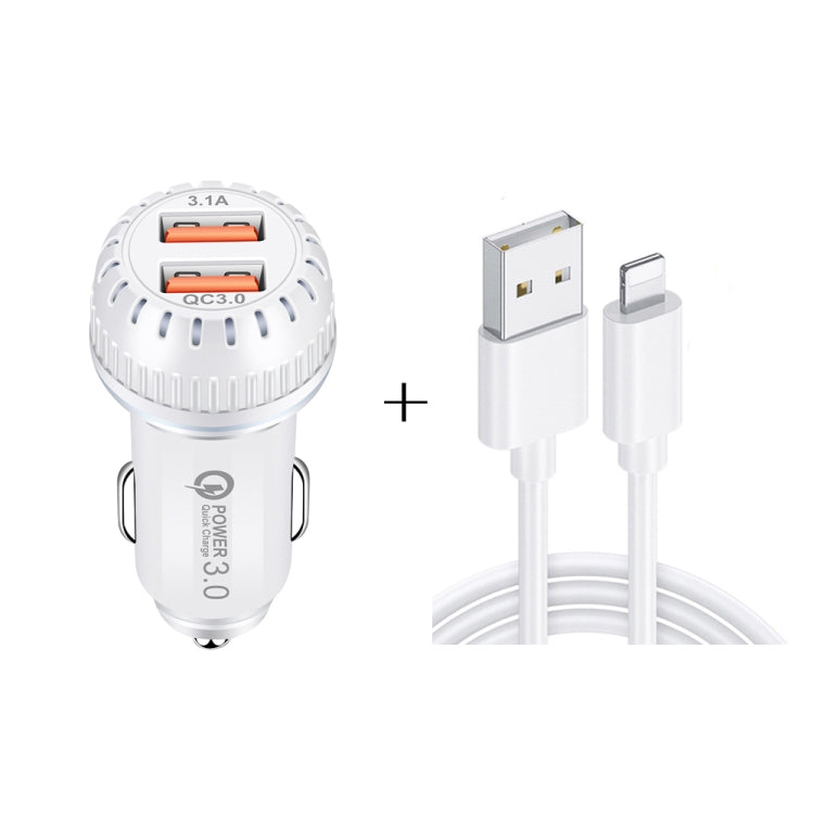 YSY-349 QC3.0 Dual Port USB Car Charger + 3A USB to 8 Pin Data Cable, Length: 1m(White) - Car Charger by PMC Jewellery | Online Shopping South Africa | PMC Jewellery