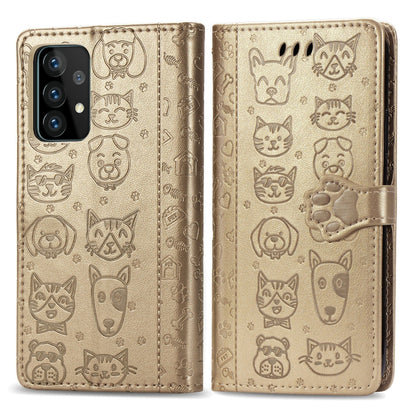 For Samsung Galaxy A52 5G/4G Cute Cat and Dog Embossed Horizontal Flip Leather Case with Holder & Card Slots & Wallet & Crossbody Lanyard & Card Cover(Gold) - Galaxy Phone Cases by PMC Jewellery | Online Shopping South Africa | PMC Jewellery