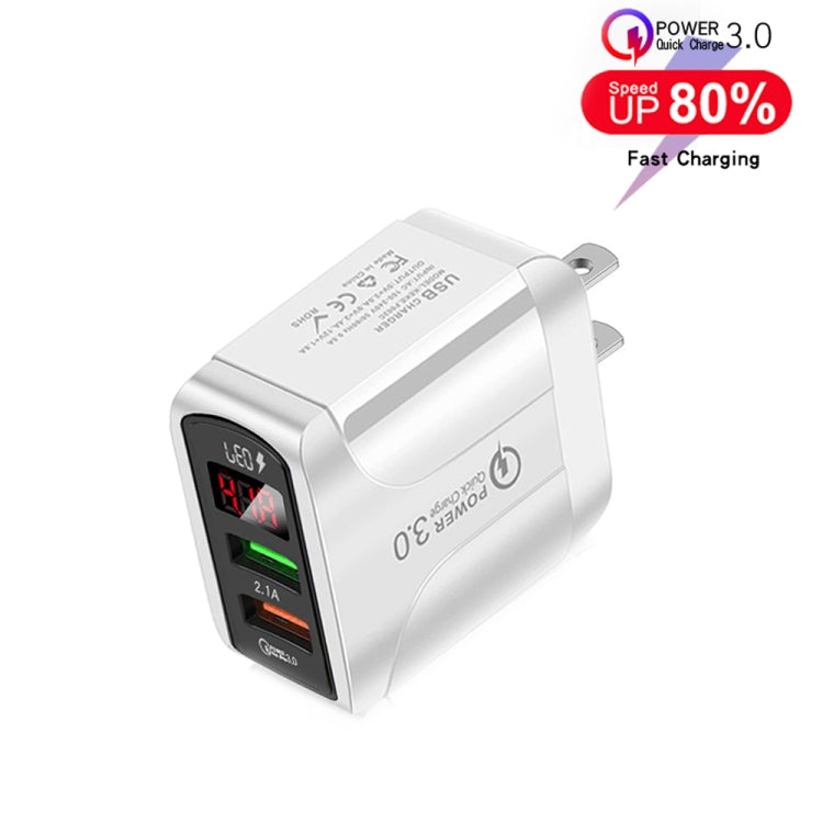 F002C QC3.0 USB + USB 2.0 LED Digital Display Fast Charger with USB to 8 Pin Data Cable, US Plug(White) - USB Charger by PMC TechLife | Online Shopping South Africa | PMC TechLife | Buy Now Pay Later Mobicred