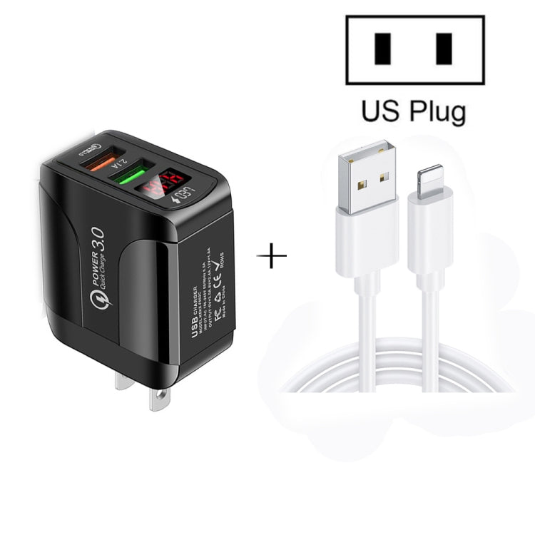 F002C QC3.0 USB + USB 2.0 LED Digital Display Fast Charger with USB to 8 Pin Data Cable, US Plug(White) - USB Charger by PMC TechLife | Online Shopping South Africa | PMC TechLife | Buy Now Pay Later Mobicred