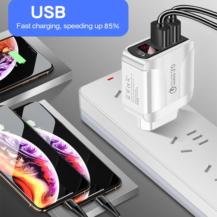 F002C QC3.0 USB + USB 2.0 LED Digital Display Fast Charger with USB to 8 Pin Data Cable, US Plug(White) - USB Charger by PMC TechLife | Online Shopping South Africa | PMC TechLife | Buy Now Pay Later Mobicred