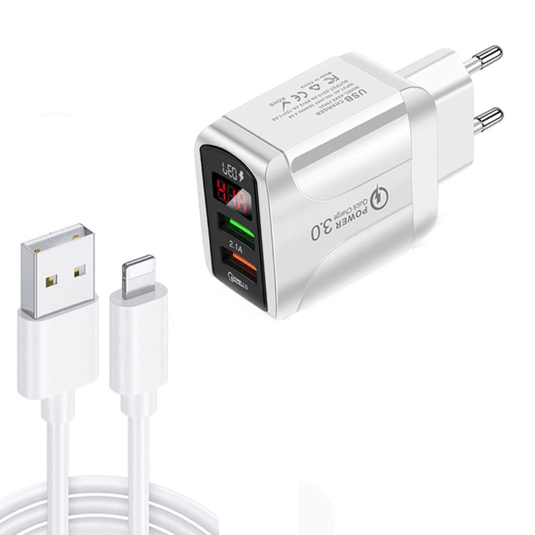F002C QC3.0 USB + USB 2.0 LED Digital Display Fast Charger with USB to 8 Pin Data Cable, EU Plug(White) - USB Charger by PMC TechLife | Online Shopping South Africa | PMC TechLife | Buy Now Pay Later Mobicred