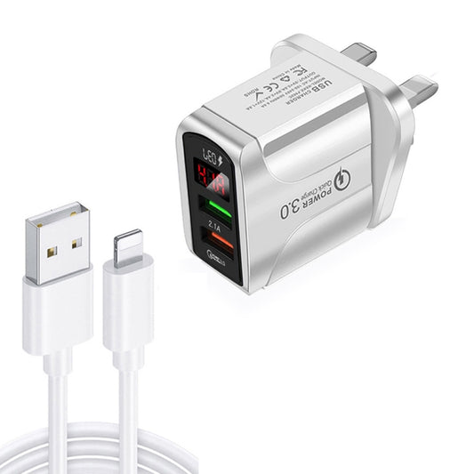 F002C QC3.0 USB + USB 2.0 LED Digital Display Fast Charger with USB to 8 Pin Data Cable, UK Plug(White) - USB Charger by PMC Jewellery | Online Shopping South Africa | PMC Jewellery