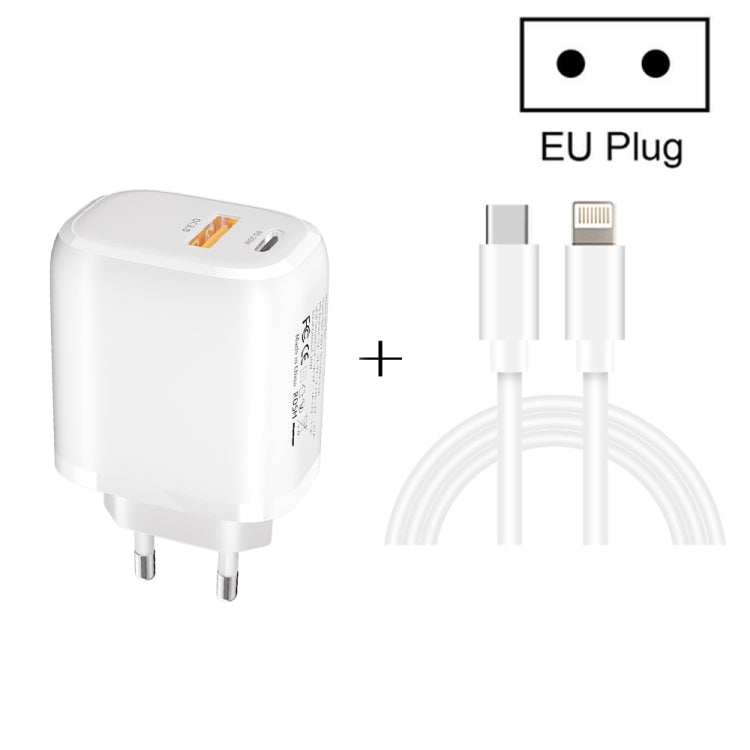 CS-20W Mini Portable PD3.0 + QC3.0 Dual Ports Fast Charger with 3A Type-C to 8 Pin Data Cable(EU Plug) - USB Charger by PMC Jewellery | Online Shopping South Africa | PMC Jewellery