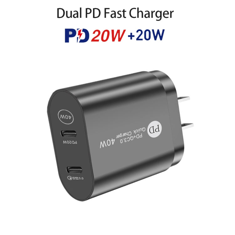 002 40W Dual Port PD / Type-C Fast Charger with USB-C to 8 Pin Data Cable, US Plug(Black) - USB Charger by PMC TechLife | Online Shopping South Africa | PMC TechLife | Buy Now Pay Later Mobicred