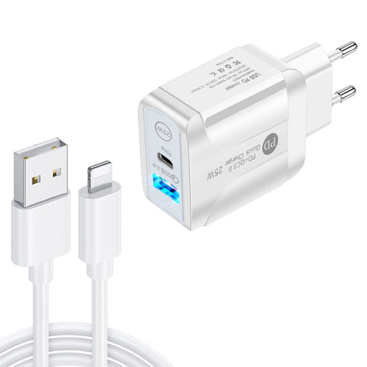 PD25W USB-C / Type-C + QC3.0 USB Dual Ports Fast Charger with USB to 8 Pin Data Cable, EU Plug(White) - USB Charger by PMC Jewellery | Online Shopping South Africa | PMC Jewellery