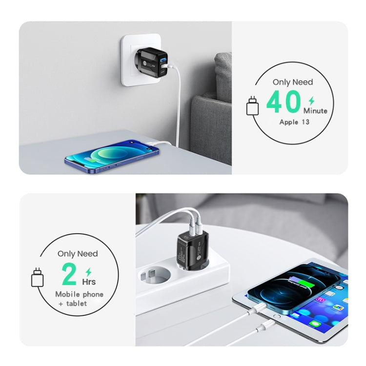 PD25W USB-C / Type-C + QC3.0 USB Dual Ports Fast Charger with USB to 8 Pin Data Cable, EU Plug(White) - free shipping - PMC TechLife - Order now!