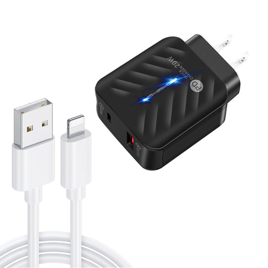 PD03 20W PD3.0 + QC3.0 USB Charger with USB to 8 Pin Data Cable, US Plug(Black) - USB Charger by PMC Jewellery | Online Shopping South Africa | PMC Jewellery | Buy Now Pay Later Mobicred