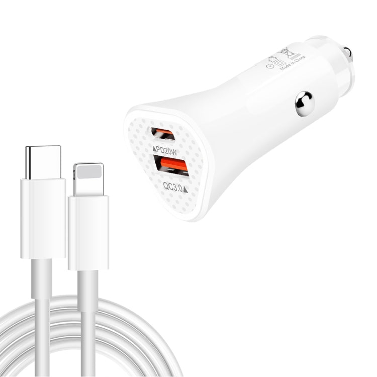 TE-P23 38W PD USB-C / Type-C + QC3. 0 USB Triangle Car Charger + USB-C / Type-C to 8 Pin Data Cable, Length: 1m(White) - Car Charger by PMC Jewellery | Online Shopping South Africa | PMC Jewellery