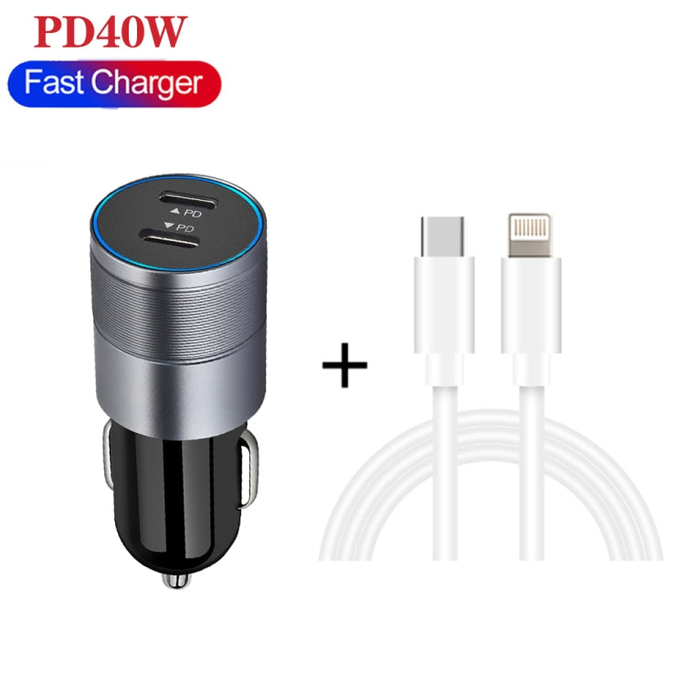Dual PD 3.0 40W USB-C / Type-C Car Charger with 1m USB-C / Type-C to 8 Pin Data Cable(Grey) - Car Charger by PMC Jewellery | Online Shopping South Africa | PMC Jewellery
