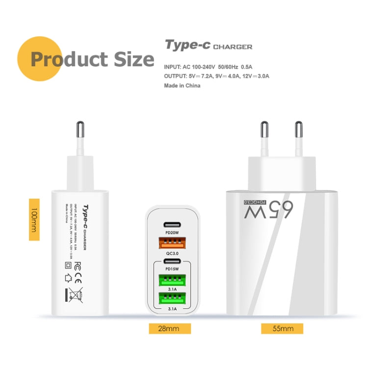 65W Dual PD Type-C + 3 x USB Multi Port Charger for Phone and Tablet PC, EU Plug(Black) - USB Charger by PMC TechLife | Online Shopping South Africa | PMC TechLife | Buy Now Pay Later Mobicred