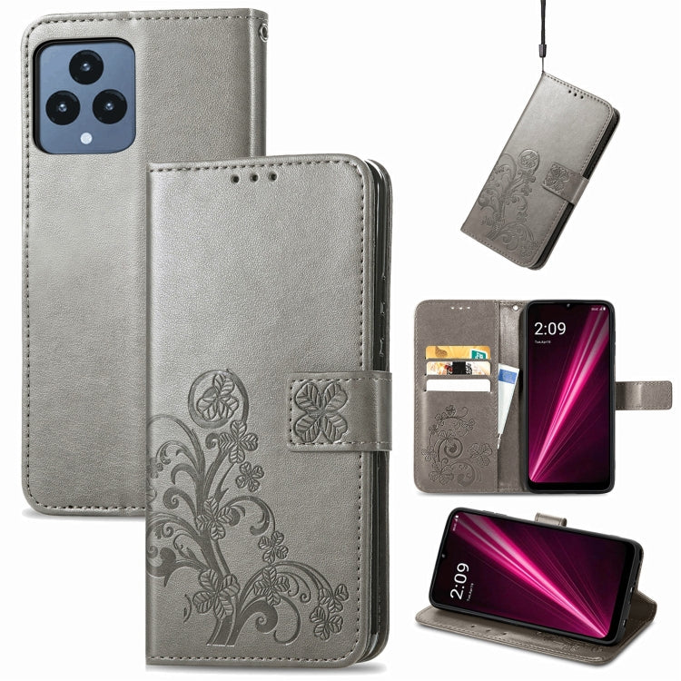 For T-Mobile REVVL 6 5G Four-leaf Clasp Embossed Buckle Leather Phone Case(Gray) - More Brand by PMC TechLife | Online Shopping South Africa | PMC TechLife