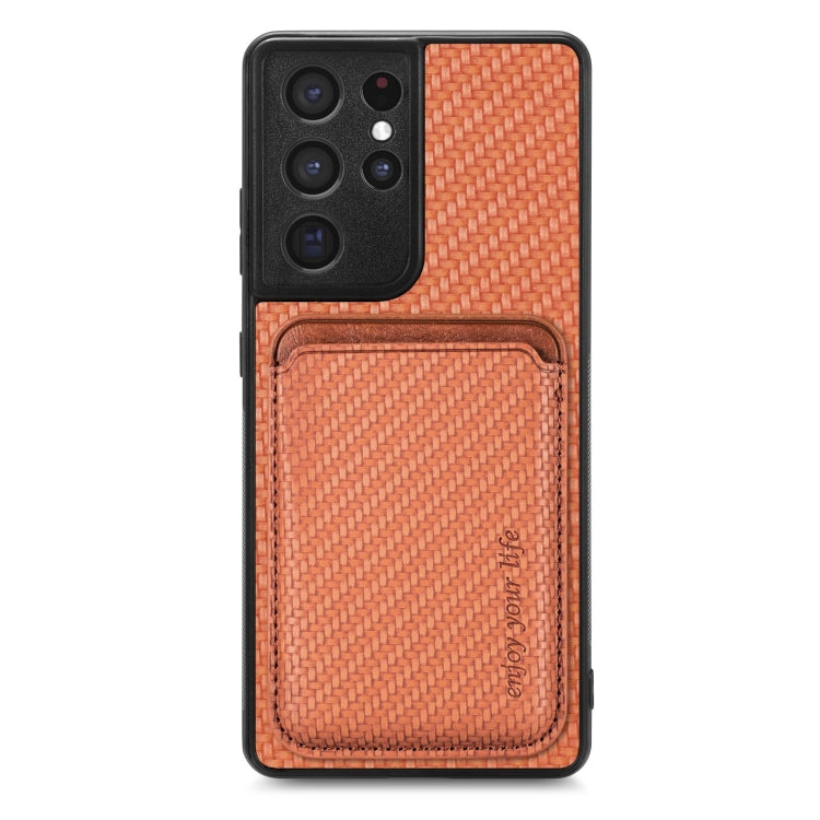 For Samsung Galaxy S21 Ultra 5G Carbon Fiber Leather Card Magsafe Magnetic Phone Case(Brown) - Galaxy S21 Ultra 5G Cases by PMC Jewellery | Online Shopping South Africa | PMC Jewellery