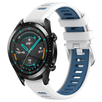 For Huawei Watch GT2 42mm 20mm Sports Two-Color Steel Buckle Silicone Watch Band(White+Blue) - Smart Wear by PMC Jewellery | Online Shopping South Africa | PMC Jewellery
