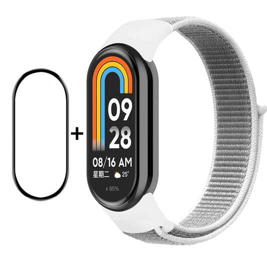 For Xiaomi Mi Band 8 ENKAY Hat-Prince 2 in 1 Set Full Coverage Screen Protector + Nylon Velcro Loop Watch Band(White) -  by ENKAY | Online Shopping South Africa | PMC Jewellery