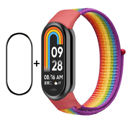 For Xiaomi Mi Band 8 ENKAY Hat-Prince 2 in 1 Set Full Coverage Screen Protector + Nylon Velcro Loop Watch Band(Rainbow+Purple) -  by ENKAY | Online Shopping South Africa | PMC Jewellery