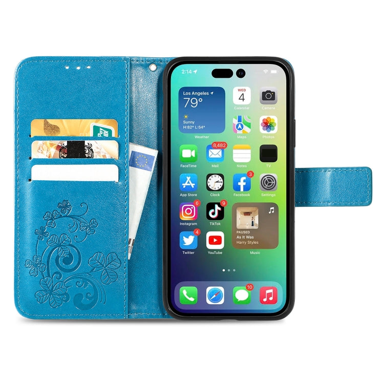 For iPhone 15 Plus Four-leaf Clasp Embossed Buckle Leather Phone Case(Blue) - iPhone 15 Plus Cases by PMC Jewellery | Online Shopping South Africa | PMC Jewellery