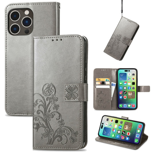 For iPhone 15 Pro Four-leaf Clasp Embossed Buckle Leather Phone Case(Gray) - iPhone 15 Pro Cases by PMC Jewellery | Online Shopping South Africa | PMC Jewellery