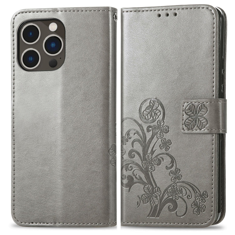 For iPhone 15 Pro Four-leaf Clasp Embossed Buckle Leather Phone Case(Gray) - iPhone 15 Pro Cases by PMC Jewellery | Online Shopping South Africa | PMC Jewellery