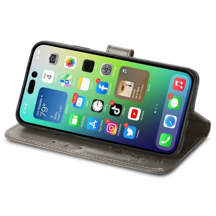 For iPhone 15 Pro Four-leaf Clasp Embossed Buckle Leather Phone Case(Gray) - iPhone 15 Pro Cases by PMC TechLife | Online Shopping South Africa | PMC TechLife