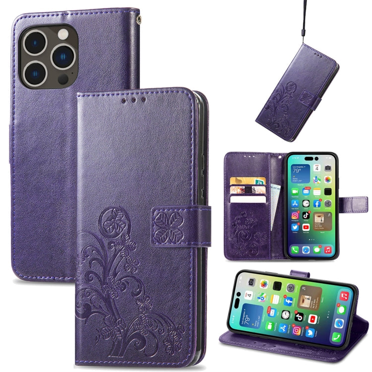 For iPhone 15 Pro Four-leaf Clasp Embossed Buckle Leather Phone Case(Purple) - iPhone 15 Pro Cases by PMC Jewellery | Online Shopping South Africa | PMC Jewellery