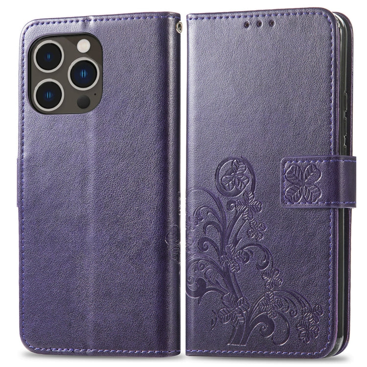 For iPhone 15 Pro Four-leaf Clasp Embossed Buckle Leather Phone Case(Purple) - iPhone 15 Pro Cases by PMC Jewellery | Online Shopping South Africa | PMC Jewellery