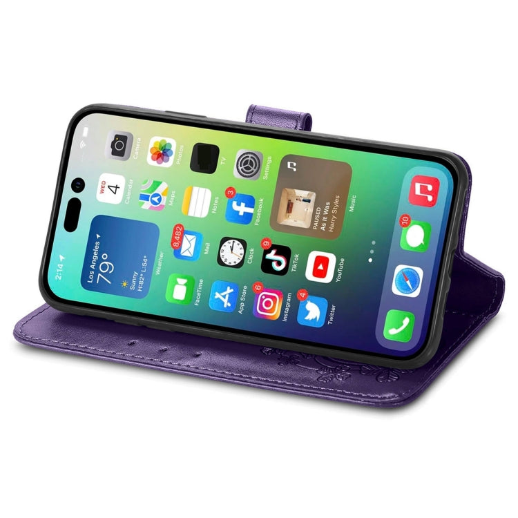 For iPhone 15 Pro Four-leaf Clasp Embossed Buckle Leather Phone Case(Purple) - iPhone 15 Pro Cases by PMC TechLife | Online Shopping South Africa | PMC TechLife