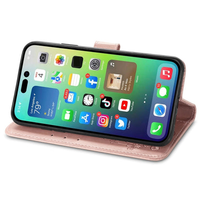 For iPhone 15 Pro Max Four-leaf Clasp Embossed Buckle Leather Phone Case(Rose Gold) - iPhone 15 Pro Max Cases by PMC Jewellery | Online Shopping South Africa | PMC Jewellery