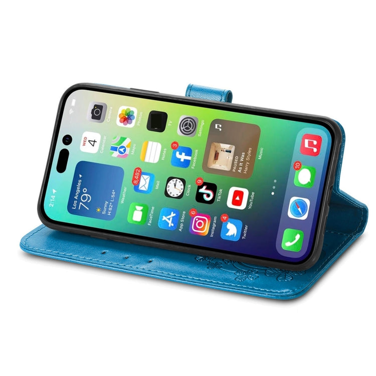 For iPhone 15 Pro Max Four-leaf Clasp Embossed Buckle Leather Phone Case(Blue) - iPhone 15 Pro Max Cases by PMC Jewellery | Online Shopping South Africa | PMC Jewellery