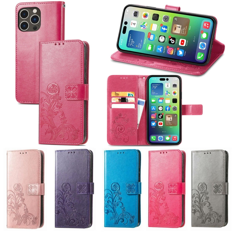 For iPhone 15 Pro Four-leaf Clasp Embossed Buckle Leather Phone Case(Purple) - iPhone 15 Pro Cases by PMC TechLife | Online Shopping South Africa | PMC TechLife