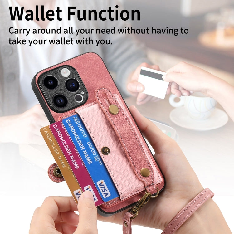 For iPhone 15 Pro Retro Cross Wristband Wallet Leather Back Phone Case(Pink) - iPhone 15 Pro Cases by PMC TechLife | Online Shopping South Africa | PMC TechLife | Buy Now Pay Later Mobicred