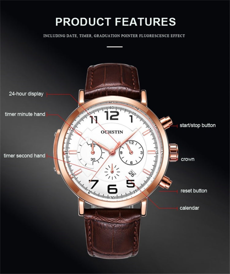 Ochstin 6105 Multi Function Watch Business Leisure Men  Watch Waterproof Timing Quartz Watch Belt Watch(Coffee) - Leather Strap Watches by OCHSTIN | Online Shopping South Africa | PMC Jewellery | Buy Now Pay Later Mobicred