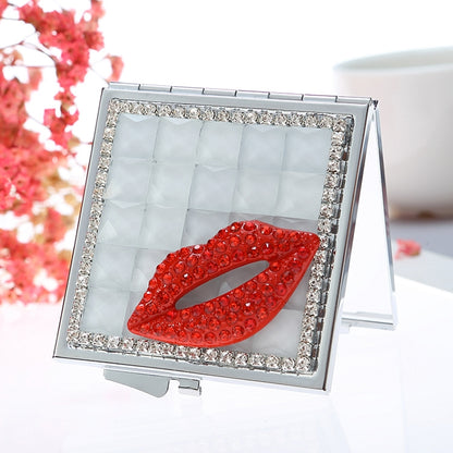 Handmade Diamond Mini Makeup Mirror Portable Double-sided Small Mirror Ruby Red Lips(White Crystal) - Mirror by PMC Jewellery | Online Shopping South Africa | PMC Jewellery