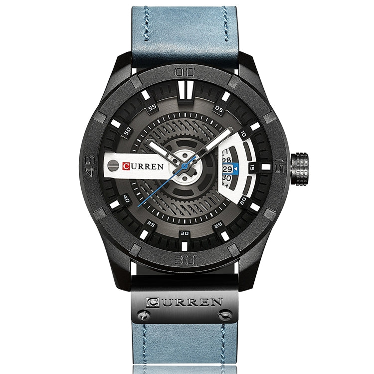 CURREN M8301 Men Military Sports Watch Quartz Date Clock Leather Wristwatch(black case blue) - Leather Strap Watches by CURREN | Online Shopping South Africa | PMC Jewellery | Buy Now Pay Later Mobicred