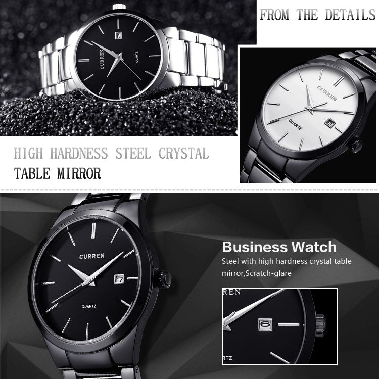 CURREN 8106 Fashion Business Calendar Waterproof Full Steel Quartz Watch(black case white face) - Metal Strap Watches by CURREN | Online Shopping South Africa | PMC Jewellery | Buy Now Pay Later Mobicred