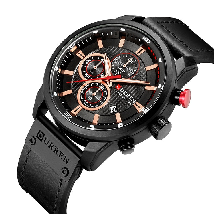 CURREN M8291 Chronograph Watches Casual Leather Watch for Men(Black case black face) - Leather Strap Watches by CURREN | Online Shopping South Africa | PMC Jewellery | Buy Now Pay Later Mobicred