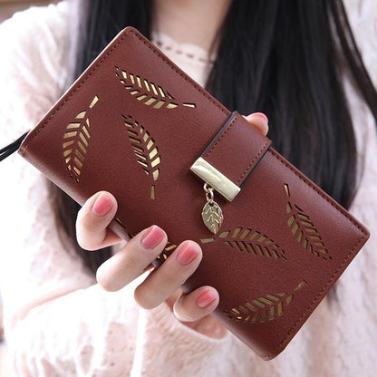 Long Gold Hollow Leaves Coin Purse Card Holders Wallet for Women(Brown) - Wallets by PMC Jewellery | Online Shopping South Africa | PMC Jewellery