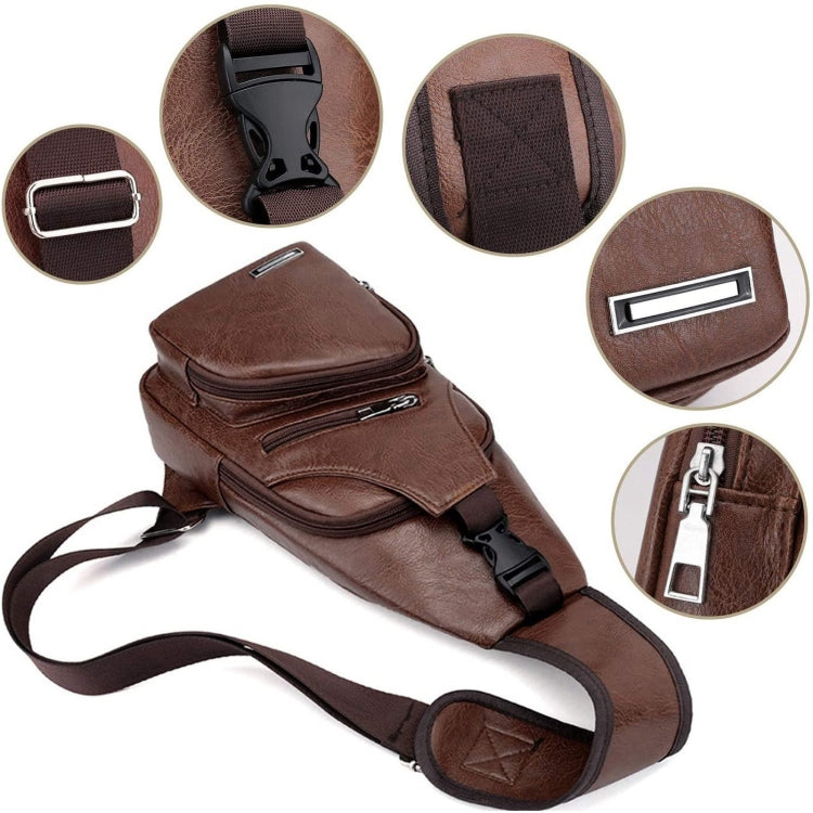 Waterproof Leisure PU Leather Single Shoulder Bag Men Chest Bag with USB Charging Port and Headphone Hole(Dark Brown) - Crossbody Bags by PMC Jewellery | Online Shopping South Africa | PMC Jewellery