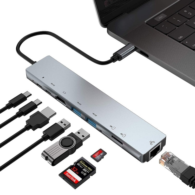 WC7367 8 in 1 87W Type-C to PD+USB3.0x2+SD+TF+HDMI+RJ45+Type-c Docking Station HUB - USB HUB by PMC TechLife | Online Shopping South Africa | PMC TechLife
