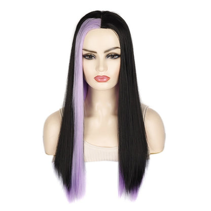 Fashion Medium Haircut Side Bangs Highlight Color Long Straight Wig(Black Light Purple) - Wigs by PMC Jewellery | Online Shopping South Africa | PMC Jewellery